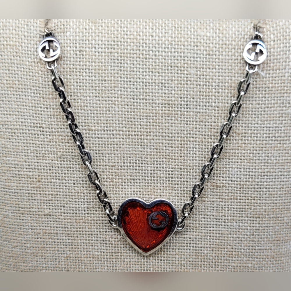 SOLD!!!Gucci Interlocking G Red Enamel Heart Pendant Bracelet 925 silver - Picture 2 of 4